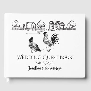 Chickens Rooster, Hen   Black, White Farm Wedding Guest Book