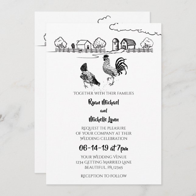 Chickens Rooster, Hen | Black, White Farm Wedding Invitation (Front/Back)