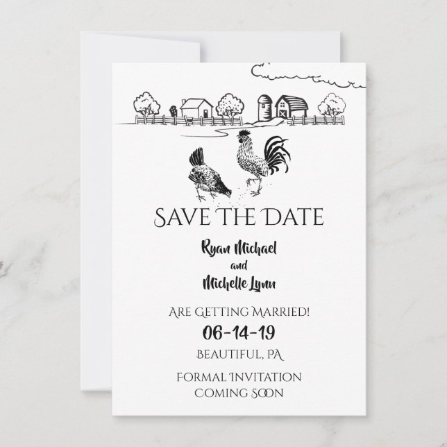 Chickens Rooster, Hen | Black, White Farm Wedding Save The Date (Front)