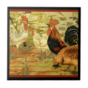 Chickens Roosters in the Farmyard Tile