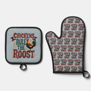 Chickens Rule the Roost Rustic Farm Illustration Oven Mitt & Pot Holder Set