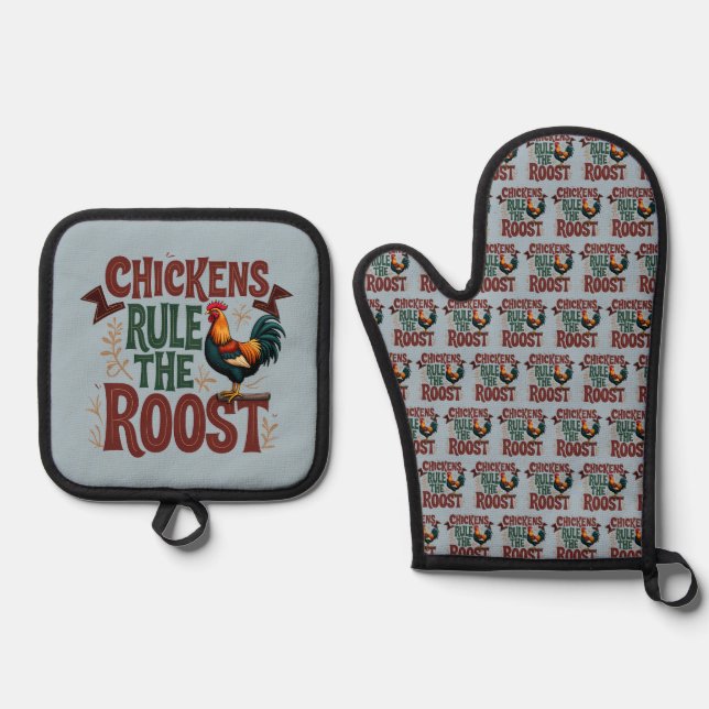Chickens Rule the Roost Rustic Farm Illustration Oven Mitt & Pot Holder Set (Front)