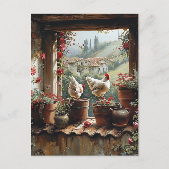 Chickens Rusty Bucket Clay Pots Tiles Country   Postcard (Front)