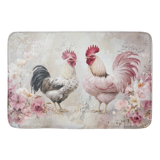 Chickens Shabby Chic Pink Decoupage Bath Mat (Front)