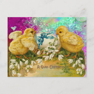 CHICKENS, SNOWDROPS AND EASTER EGG WITH BLUE BOW HOLIDAY POSTCARD
