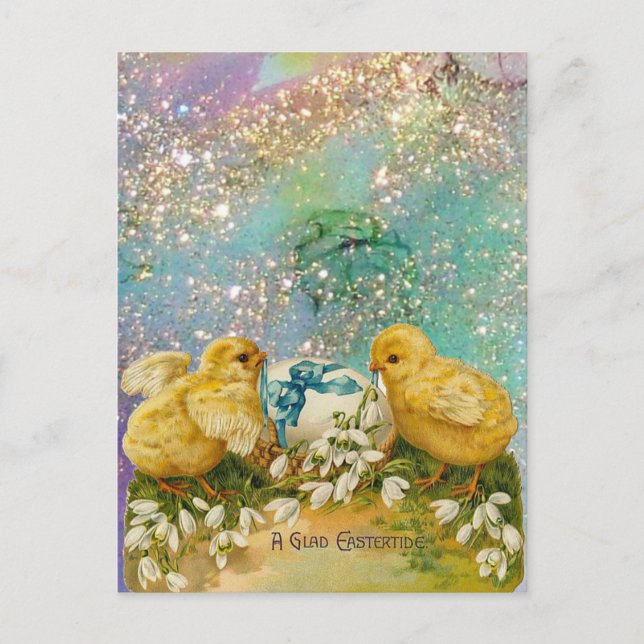 CHICKENS, SNOWDROPS AND EASTER EGG WITH BLUE BOW HOLIDAY POSTCARD (Front)