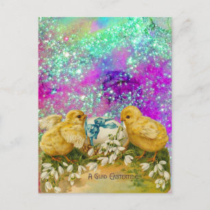 CHICKENS, SNOWDROPS AND EASTER EGG WITH BLUE BOW HOLIDAY POSTCARD