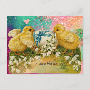 CHICKENS, SNOWDROPS AND EASTER EGG WITH BLUE BOW HOLIDAY POSTCARD