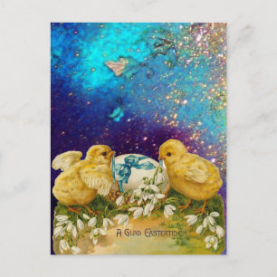 CHICKENS, SNOWDROPS AND EASTER EGG WITH BLUE BOW HOLIDAY POSTCARD