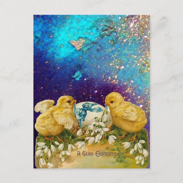 CHICKENS, SNOWDROPS AND EASTER EGG WITH BLUE BOW HOLIDAY POSTCARD (Front)