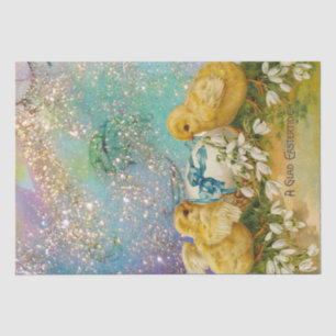CHICKENS, SNOWDROPS AND EASTER EGG WITH BLUE BOW TISSUE PAPER