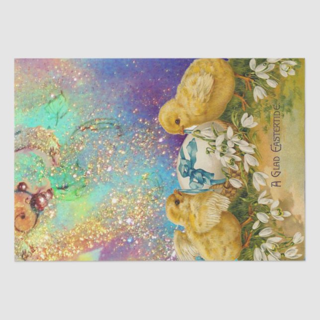 CHICKENS, SNOWDROPS AND EASTER EGG WITH BLUE BOW TISSUE PAPER (Front)