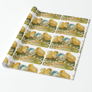 CHICKENS, SNOWDROPS AND EASTER EGG WITH BLUE BOW WRAPPING PAPER