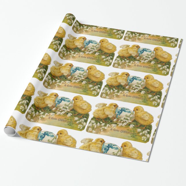 CHICKENS, SNOWDROPS AND EASTER EGG WITH BLUE BOW WRAPPING PAPER (Unrolled)