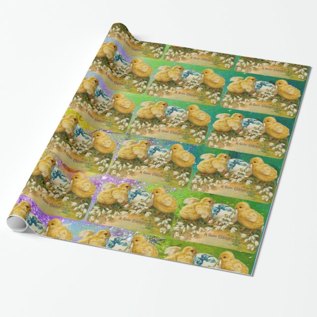 CHICKENS,SNOWDROPS EASTER EGG,BLUE BOW, Green Wrapping Paper (Unrolled)