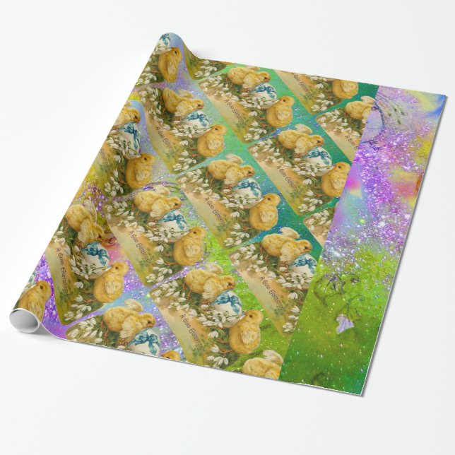 CHICKENS,SNOWDROPS EASTER EGG,BLUE BOW, Purple Wrapping Paper (Unrolled)