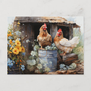 Chickens Tin Bucket Chicken Coop Yellow Flowers Postcard