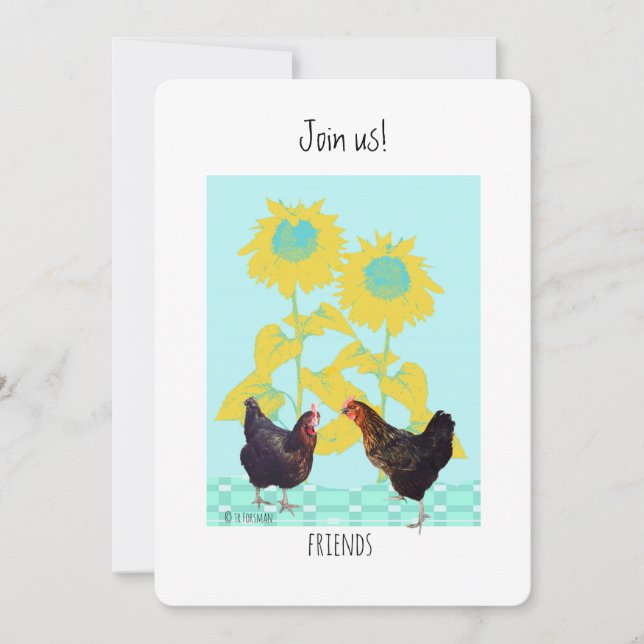 Chickens with art sunflowers invite (Front)