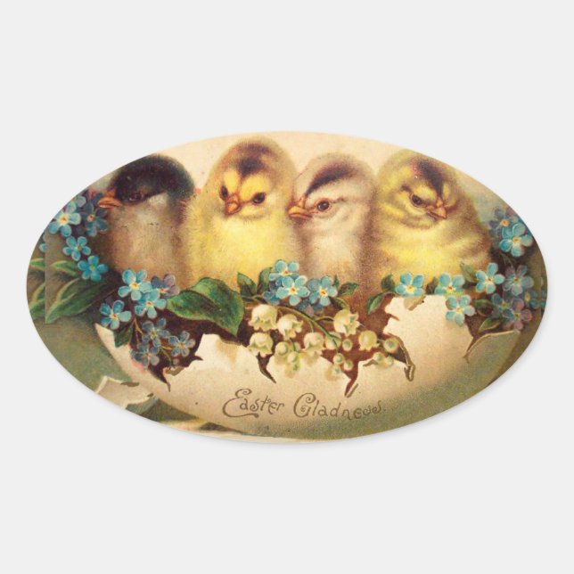 CHICKENS WITH BLUE WHITE FLOWERS IN EASTER EGG OVAL STICKER (Front)