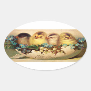 CHICKENS WITH BLUE WHITE FLOWERS IN EASTER EGG OVAL STICKER
