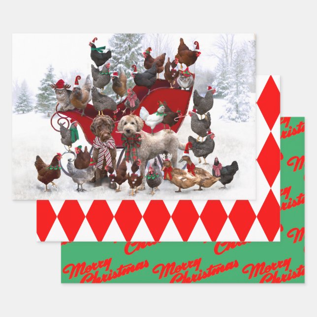 CHICKENS WITH SANTA HATS AND DOGS WRAPPING PAPER (Set)