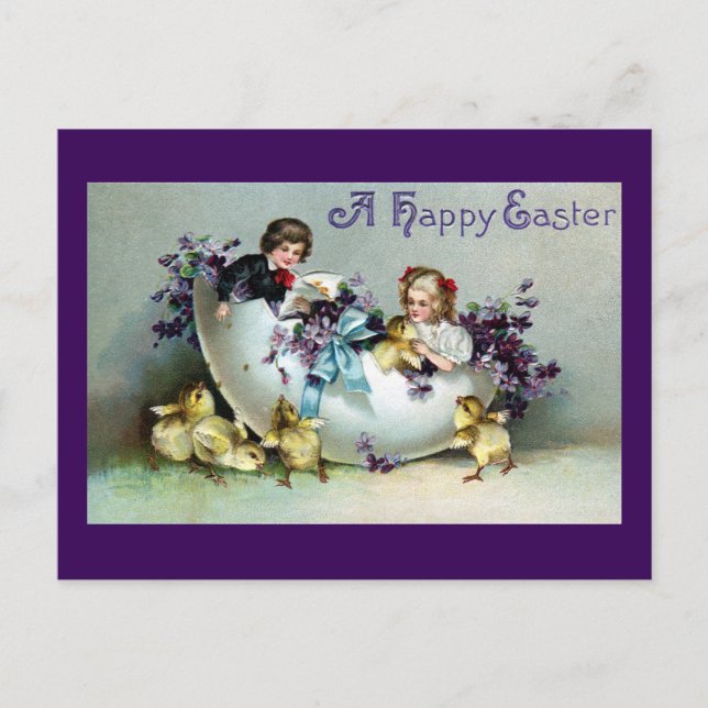 Chicks, Kids, Violets and Giant Eggshell Vintage Postcard (Front)