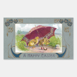 Chicks Under Umbrella Art Nouveau Easter Rectangular Sticker