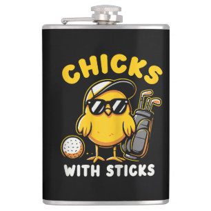 Chicks With Sticks Golfer Girl Woman Golf Club Gol Hip Flask