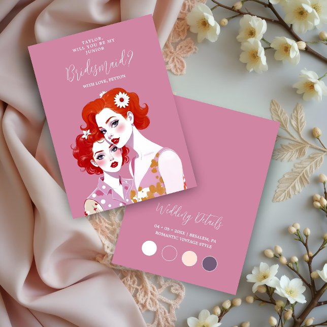 ChicRomantic Vintage Pop Women JR Bridesmaid  (Chic Romantic Vintage Pop Two Women Pinup Style Jr. Bridesmaid or Maid/Matron of Honor Proposal Card)