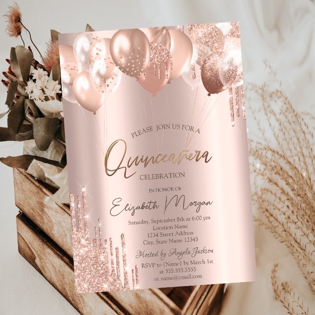  ChicRose Gold Glitter Drips Balloons Quinceañera Invitation (Creator Uploaded)