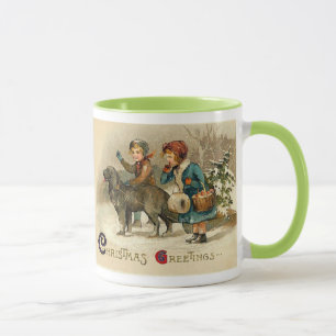 Chidren with a dog on  Christmas Day Mug