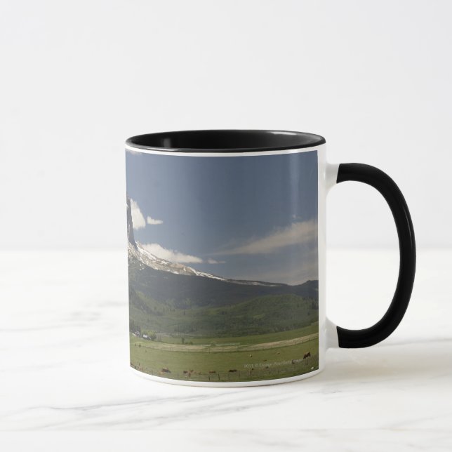 Chief Mountain With Pastures Of Grazing Cattle Mug (Right)