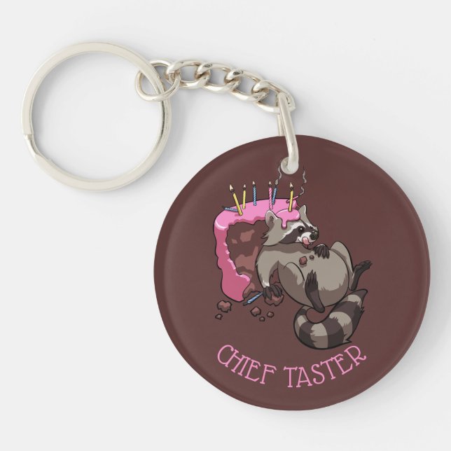 Chief Taster Birthday Cake Eating Racoon Cartoon Key Ring (Front)