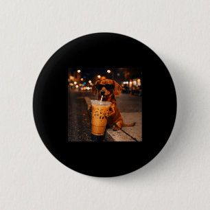 Chihua funny dachshund drinking iced coffee lover 6 cm round badge