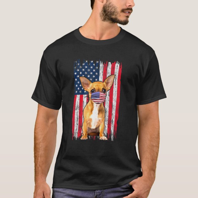 Chihuahua American Flag Dog Wears Face Mask 4th Of T-Shirt (Front)