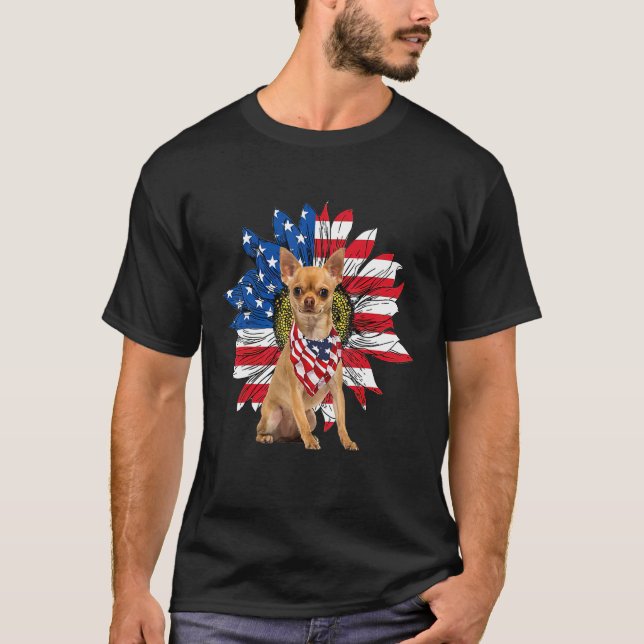 Chihuahua American Flag Sunflower Dog Lovers 4th O T-Shirt (Front)