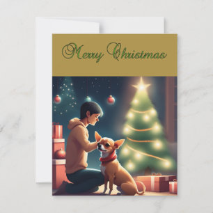 Chihuahua and Boy in Front of Christmas Tree Card