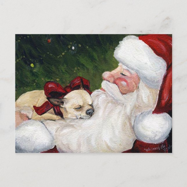 "Chihuahua and Santa" Dog Art Christmas Postcard (Front)