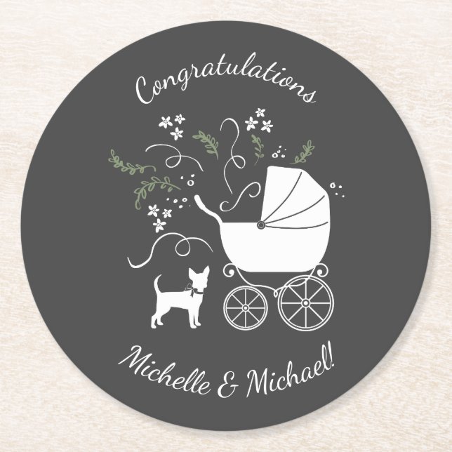 Chihuahua Baby Shower Gender Neutral Cute Round Paper Coaster (Front)