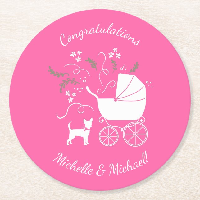 Chihuahua Baby Shower Pink Girl Dog Round Paper Coaster (Front)