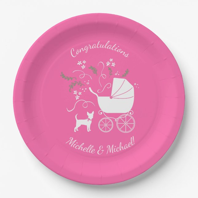 Chihuahua Baby Shower Puppy Dog Pink Girl Paper Plate (Front)