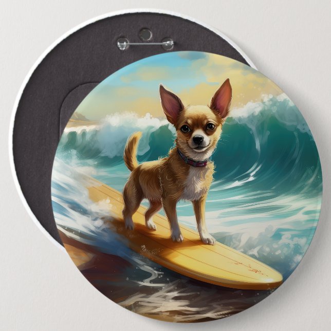 Chihuahua Beach Surfing Painting  6 Cm Round Badge (Front & Back)