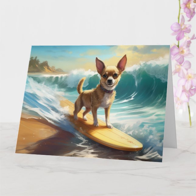 Chihuahua Beach Surfing Painting  Card (Orchid)