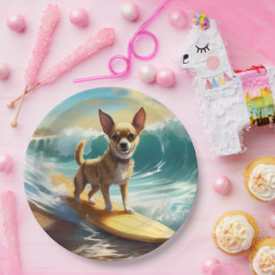 Chihuahua Beach Surfing Painting  Paper Plate