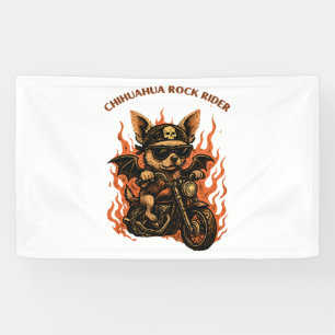 Chihuahua Biker Dog on Motorcycle with Flames Banner