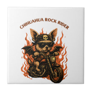Chihuahua Biker Dog on Motorcycle with Flames Ceramic Tile