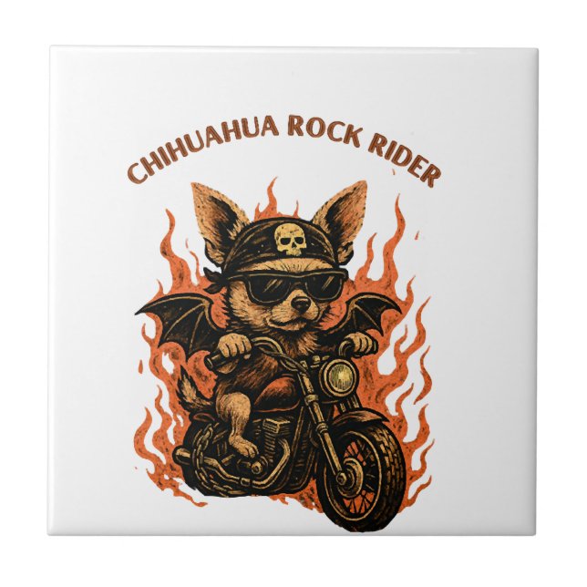 Chihuahua Biker Dog on Motorcycle with Flames Ceramic Tile (Front)