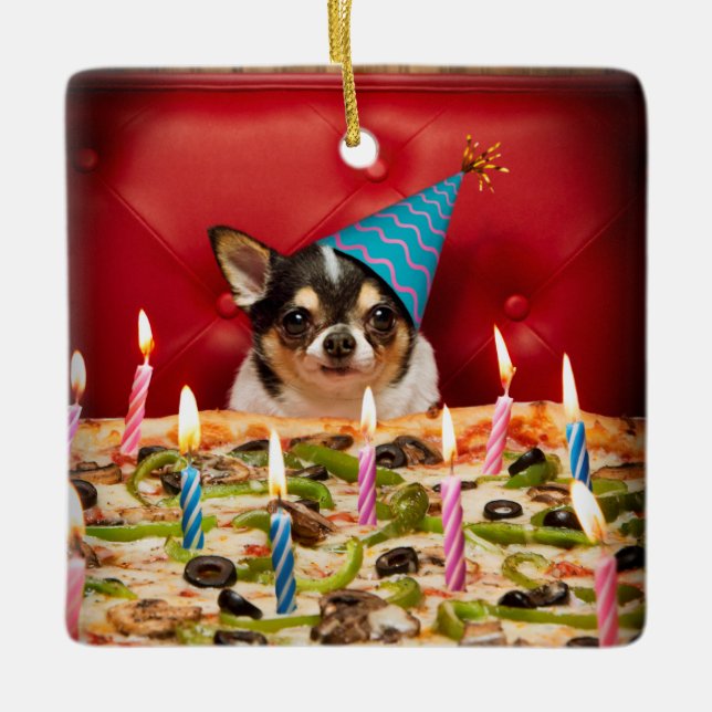 Chihuahua Birthday Pizza Pie Ceramic Ornament (Front)