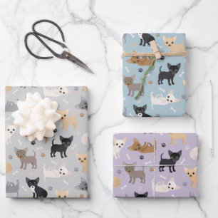 Chihuahua Bones and Paws Grey Blue Purple Wrapping Paper Sheet