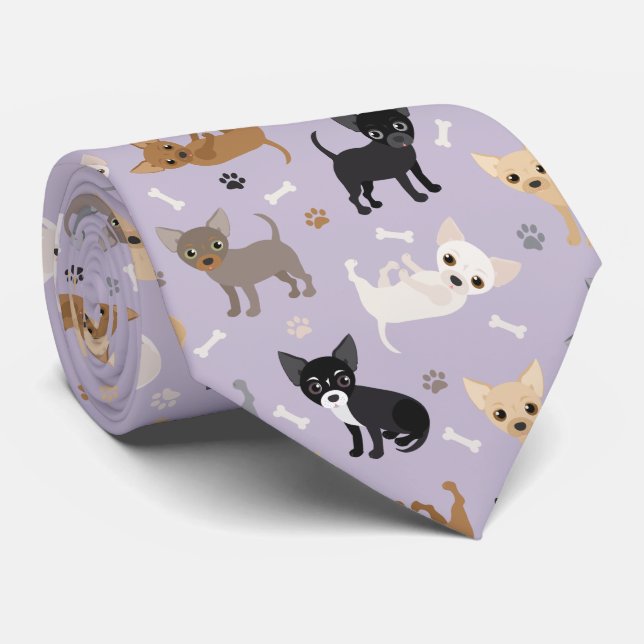 Chihuahua Bones and Paws Purple Neck Tie (Rolled)